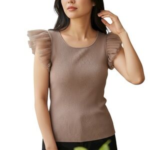 Anthropologie Taupe Ruffle Sleeve Blouse Size XL